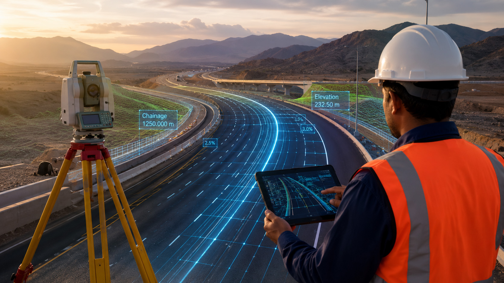 Nusail highway engineering and road survey with total station in Oman